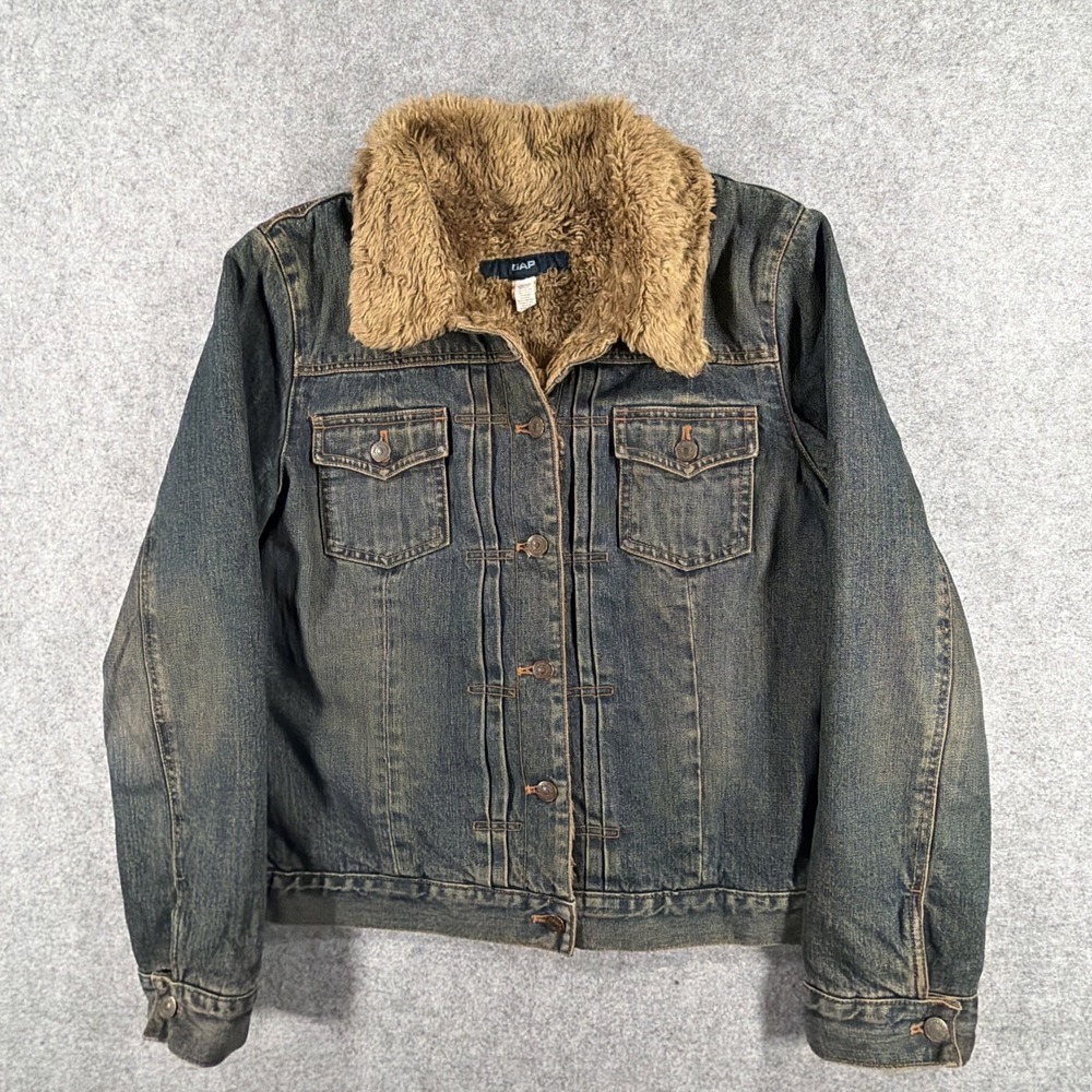 Vintage Gap Denim Jacket Womens Large Medium Wash‎ Blue Fake Fur Lined Y2K